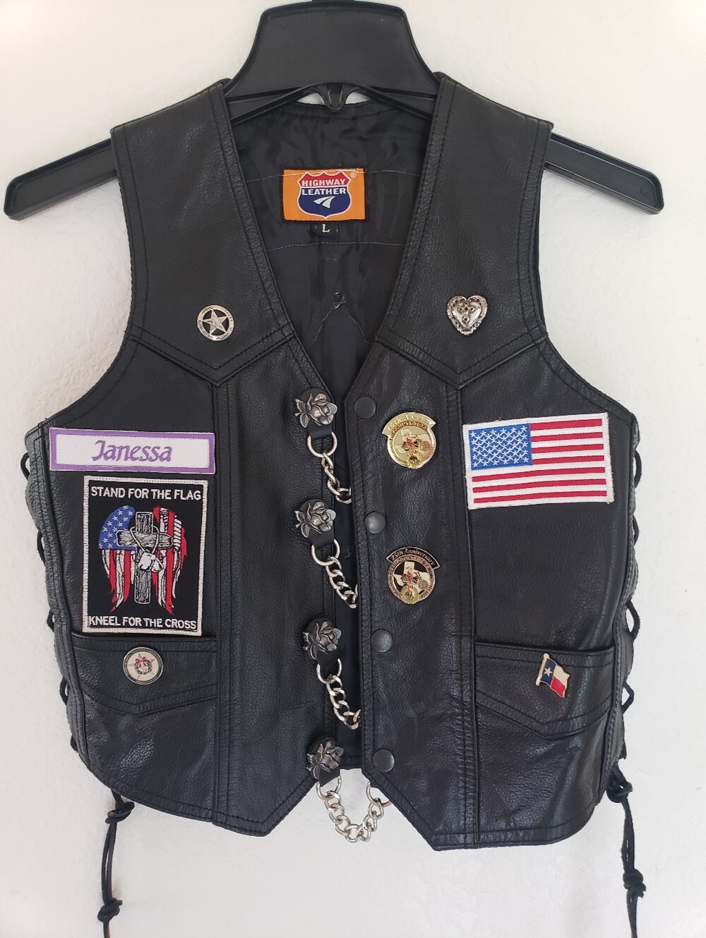 Genuine Leather Vest With Embroidery And Patches/chains Women L Lace Up Sides